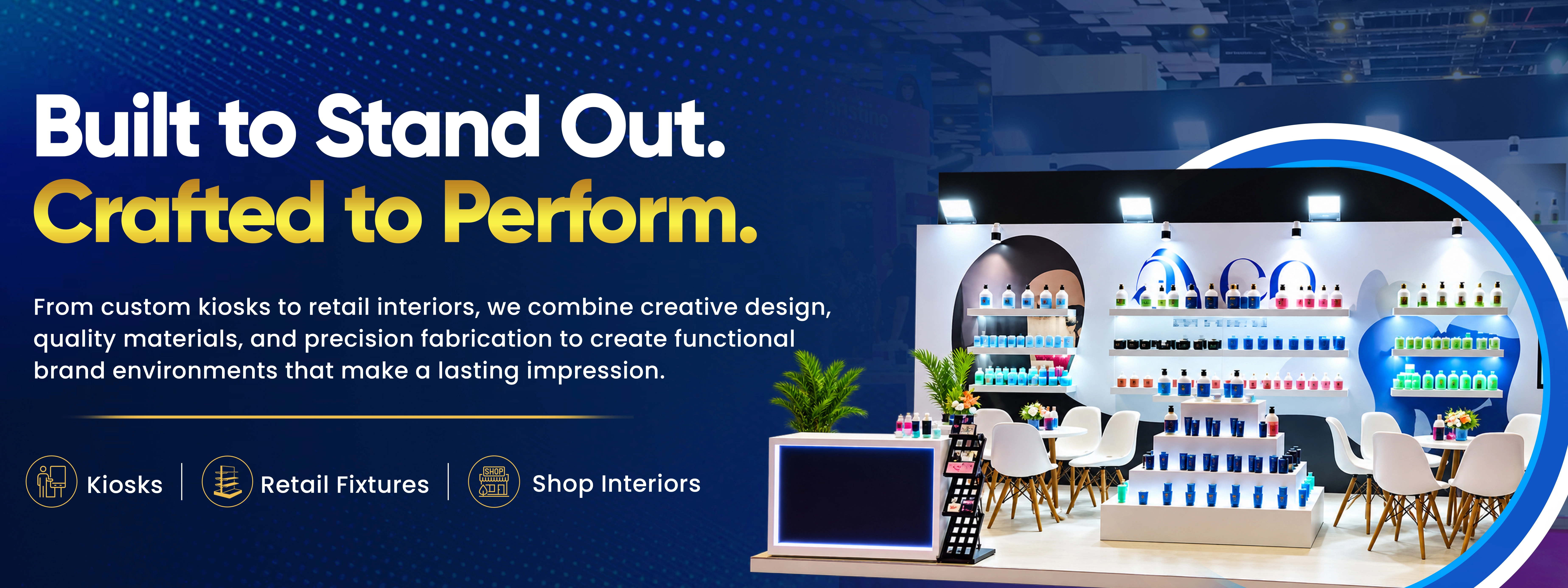 Exhibition stall design with timber slats and soft lighting