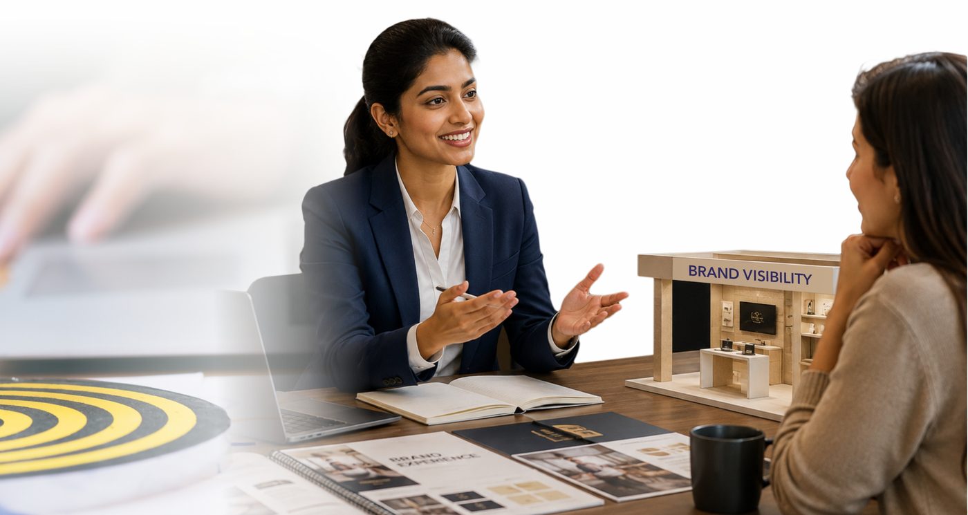 A Zeliant consultant presenting a brand visibility plan to a client