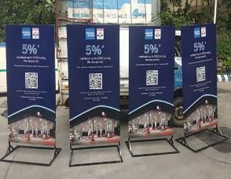 Branded standees in a row